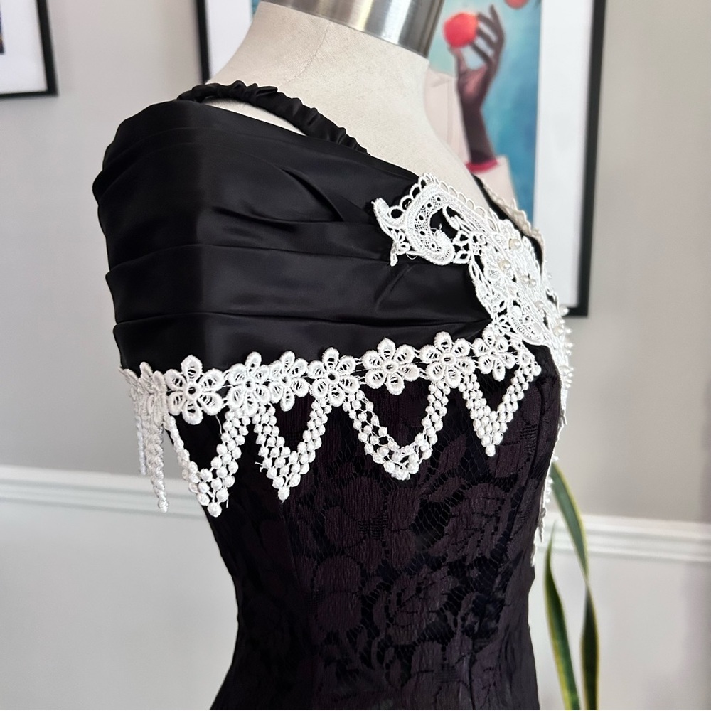 Vintage 80s Black Lace Dress Off Shoulder Gothic Prom Cocktail Size XS - Picture 6 of 12